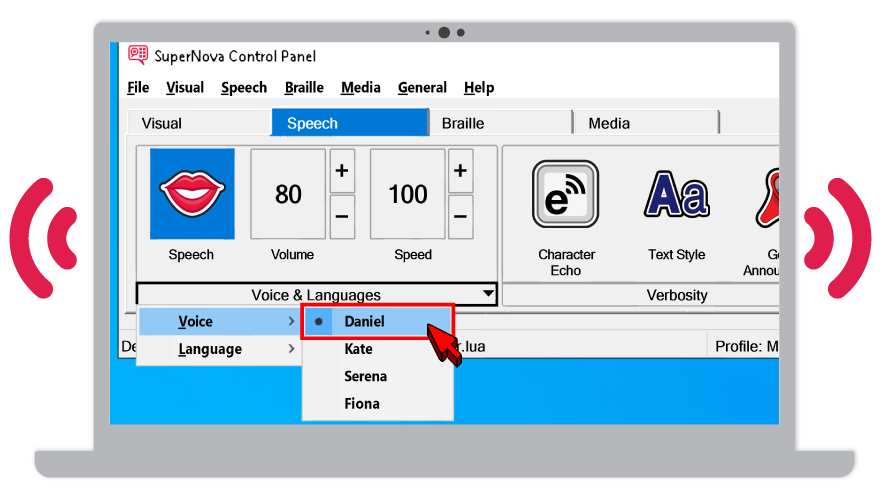 Graphics showing a SuperNova toolbar with voice options.